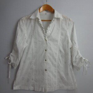 Millenium Womens M White Silver Floral Ruffle Cotton Blouse Rhinestones